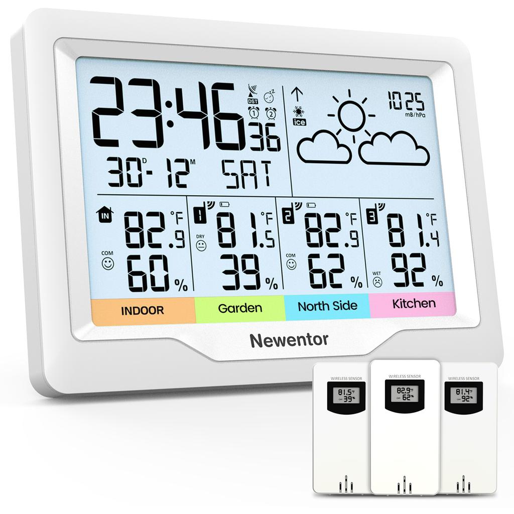 Wetterstation Innen/Außen Kabellose Sensoren Digitales Thermometer Hygrometer LED LCD Display Thermometer mit 3 Fernsensoren