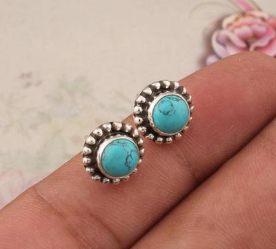 Solid 925 Sterling Silver Round Turquoise Gemstone Stud Earrings Handmade Jewelry Minimalist Jewelry