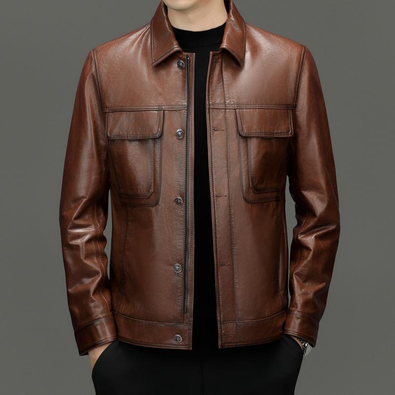 Cowhide Leather Jacket Men's Autumn and Winter New Fashion Casual Locomotive Leather Jacket Top Coat