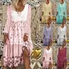 Women Bohemian Floral Print Maxi Dress V Neck Long Sleeve Tiered Swing Dress with Side Slit