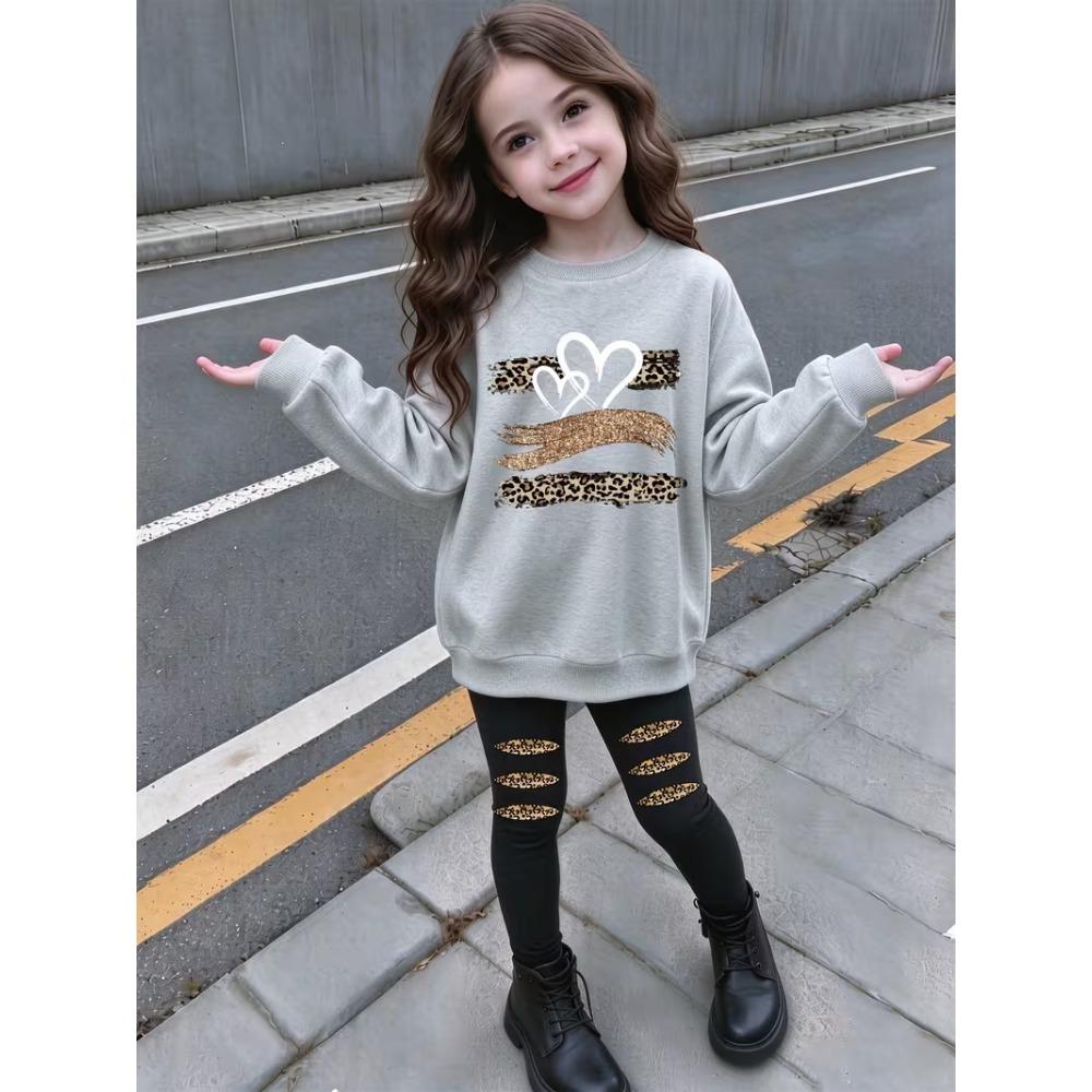Girls' Leopard Heart Casual Comfortable Soft Loose Pullover Sweatshirt and Leggings 2-Piece Set, New Autumn/Winter, Playful, Sweet and Cool Style
