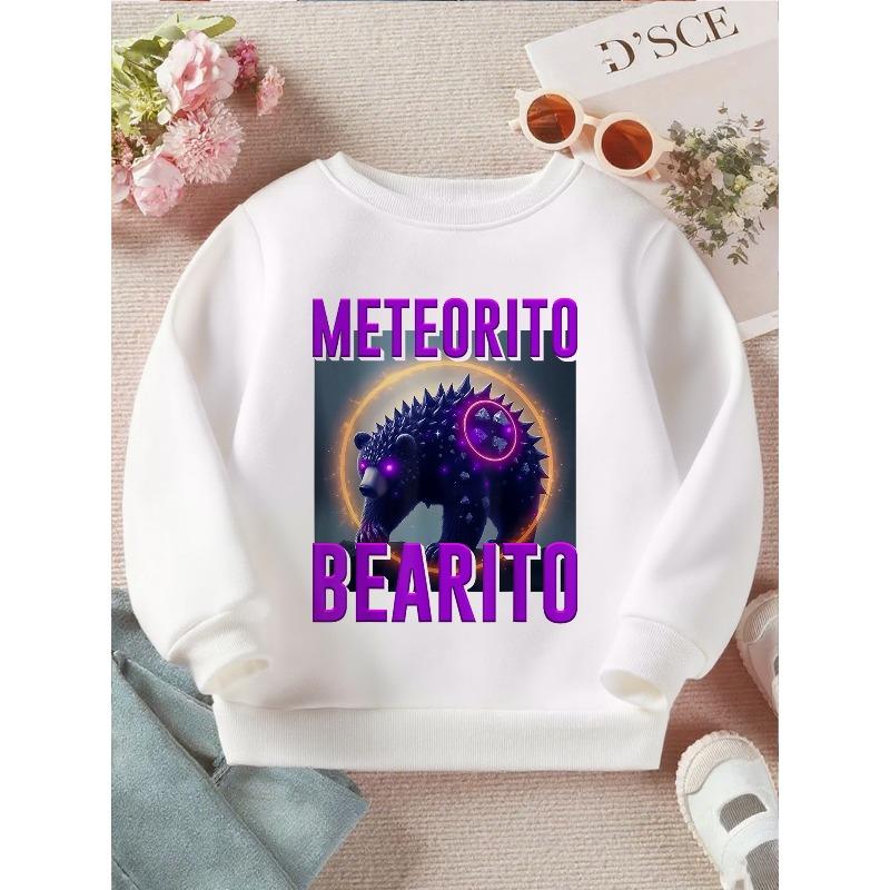 Kids Crewneck Sweatshirt, Cute Meteoric Bear Glow Graphic Print, Soft Casual Long Sleeve Pullover 110