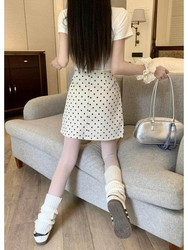 2025 Summer Women's Sweet & Spicy Apricot Polka Dot A-Line Skirt - Hip-Wrapping Casual Mini Skirt