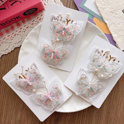 2 Stück/Set Retro Stickerei Schmetterling Haarspange für Baby Mädchen Mesh Süße Perle Kinder Haarnadel Mode Haar-Accessoires Kopfbedeckung