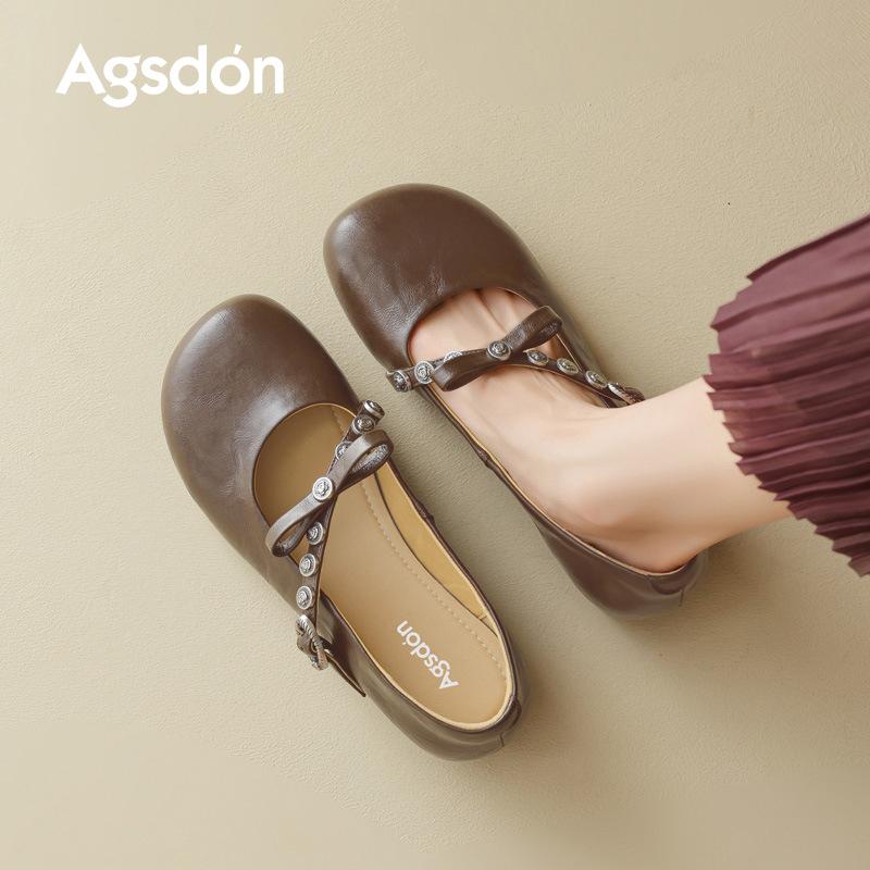 Augustine Mary Jane Shoes Women's 2025 New Summer Flat Small Leather Shoes Commuting Comfortable Black Single Shoes