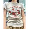 Les Dessert Strawberry & Letter Print T-Shirt, Casual Crew Neck Short Sleeve T-Shirt For Spring & Summer, Women's Clothing