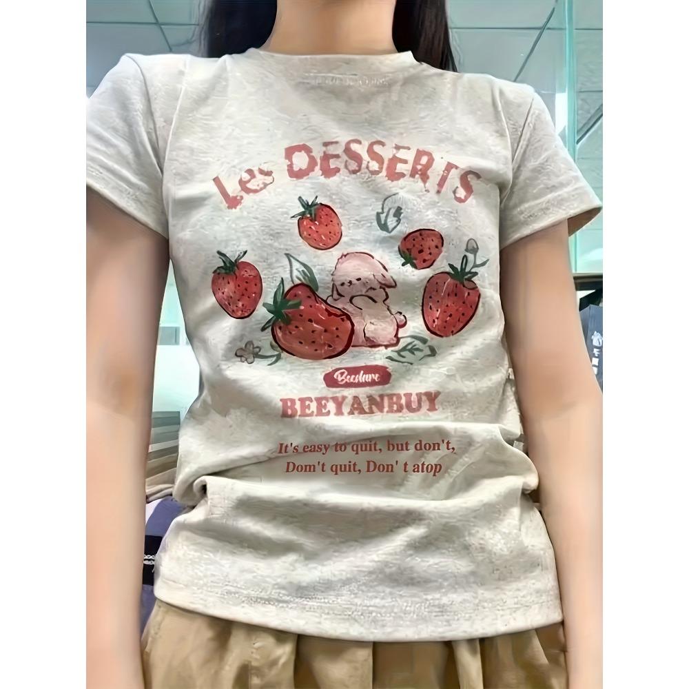Les Dessert Strawberry & Letter Print T-Shirt, Casual Crew Neck Short Sleeve T-Shirt For Spring & Summer, Women's Clothing