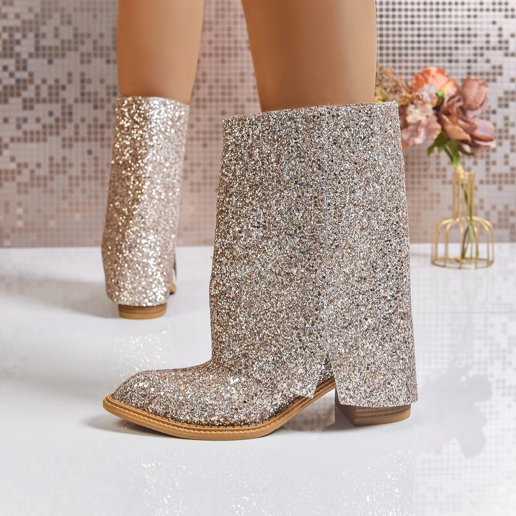 Séquins à gros talons nouveau tempérament polyvalent pantalon grande taille slim droit talons hauts bottines courtes Martin