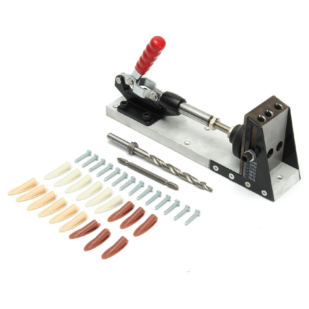 Oțel aliat Portabil Jig de găurit găuri oblice Sistem de îmbinare Prelucrarea lemnului Cu set de kit de burghiu 275 x 60 x 155mm