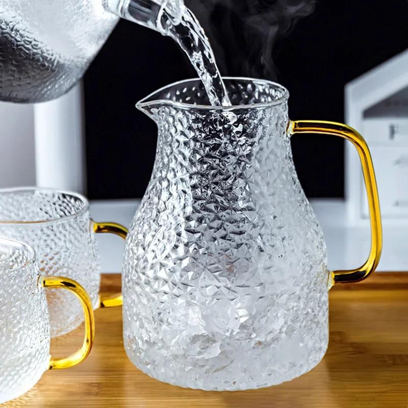 Transparent Glass Water Jug Hot/Cold Tea Pot Stainless Steel Flow Lid Carafe with Handle Heatproof Teapot Set