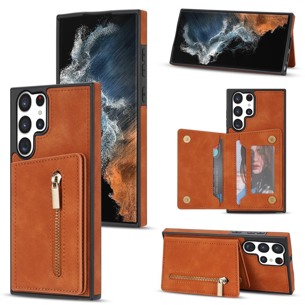For Samsung Galaxy S25 Ultra Case Zipper Pocket Wallet Kickstand Phone Guard Cover