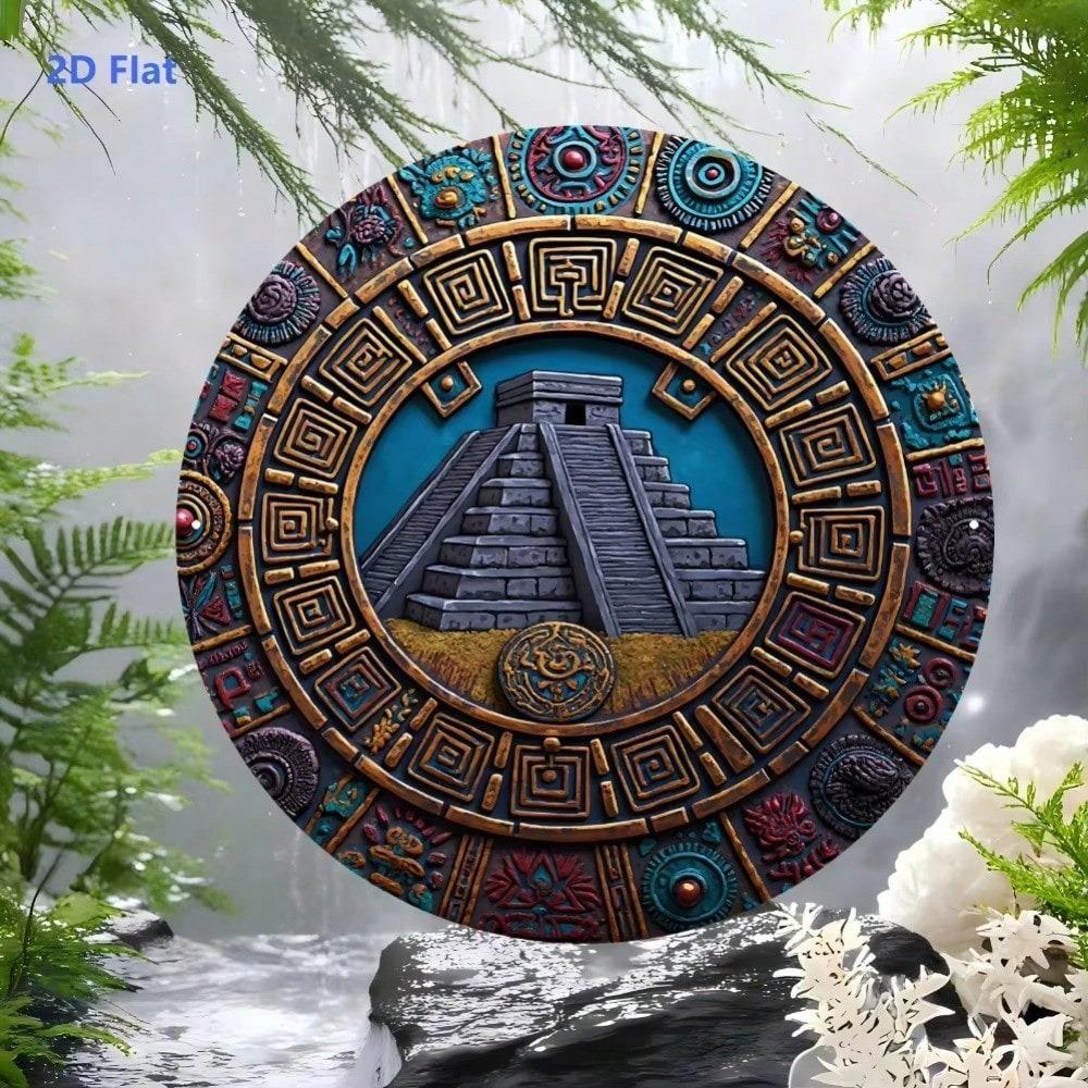Vintage Mayan Pyramid Round Metal Sign 8x8in Exotic Wall Art Home Decor