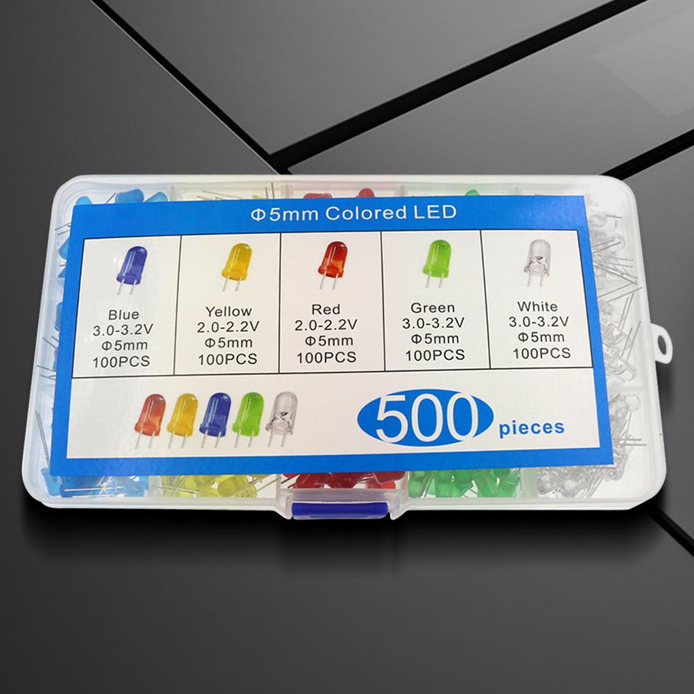 500Pcs LED Light-Emitting Diode Red Yellow Blue Green White 5MM Luminous Diode Assorted Kit LED for DIY Electrical Maintenance