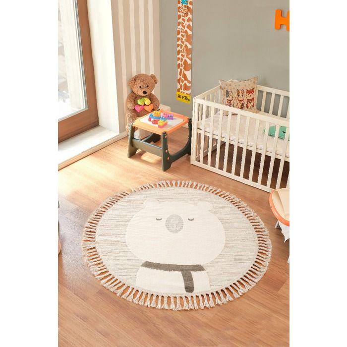 Tapis salon rond enfant doux texturé ours blanc 130x130