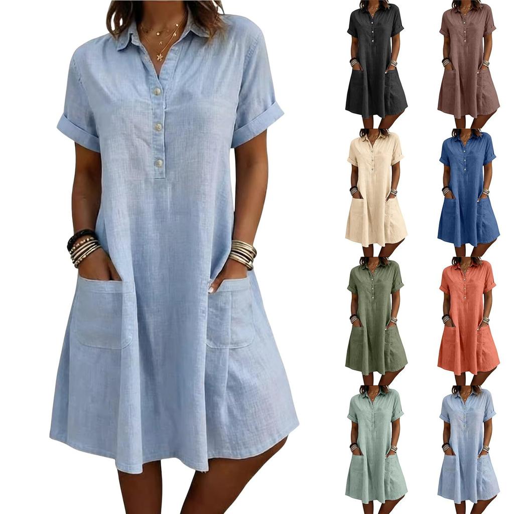Women Casual Loose Fit Short Sleeve Dress with Lapel Collar Button Front and Pockets Comfortable Summer Dress
