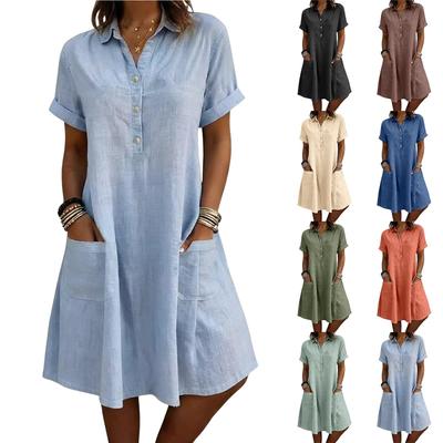 Vestido Casual de Mujer Holgado de Manga Corta con Cuello de Solapa Cierre de Botones Delantero y Bolsillos Cómodo Vestido de Verano