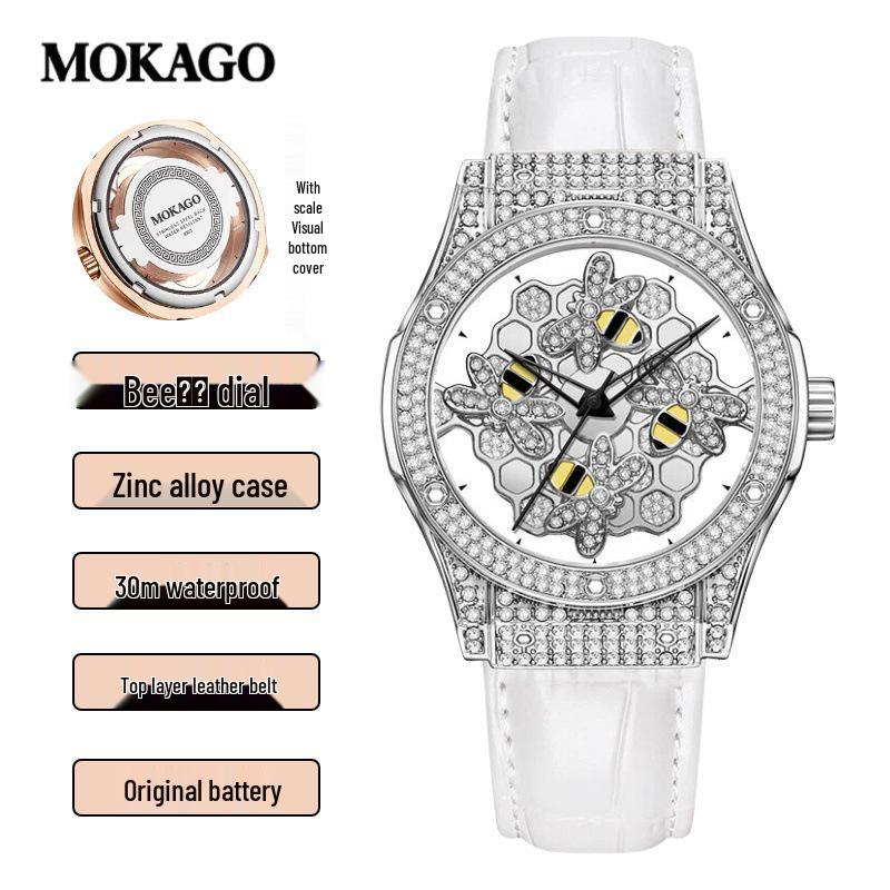Rotating Bee Diamond-Accent Women s Quartz Watch - Luxury Hollow Design, Waterproof Bestseller