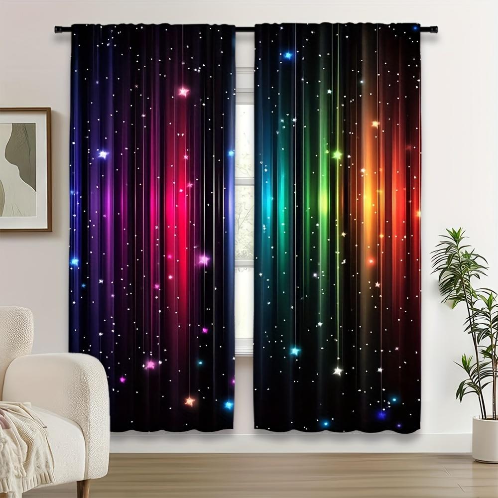 2pcs Magic Rainbow Galaxy Curtains Polyester Light Filtering Drapes for Kids Bedroom Playroom Shining Star Pattern Home Decor
