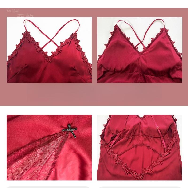 French Style Ice Silk Satin Nightgown Sheer Lace Backless Long Cami Pajamas Women's Loungewear Elegant Luxurious Sleepwear for Bridal Honeymoon Use