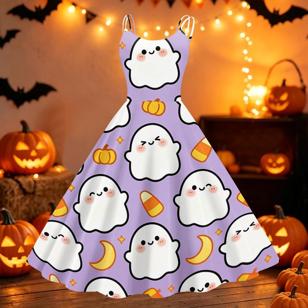Womens Halloween Print Dress Spaghetti Strap Off Shoulder Punk Vintage Style Midi Dress Casual Party Dress