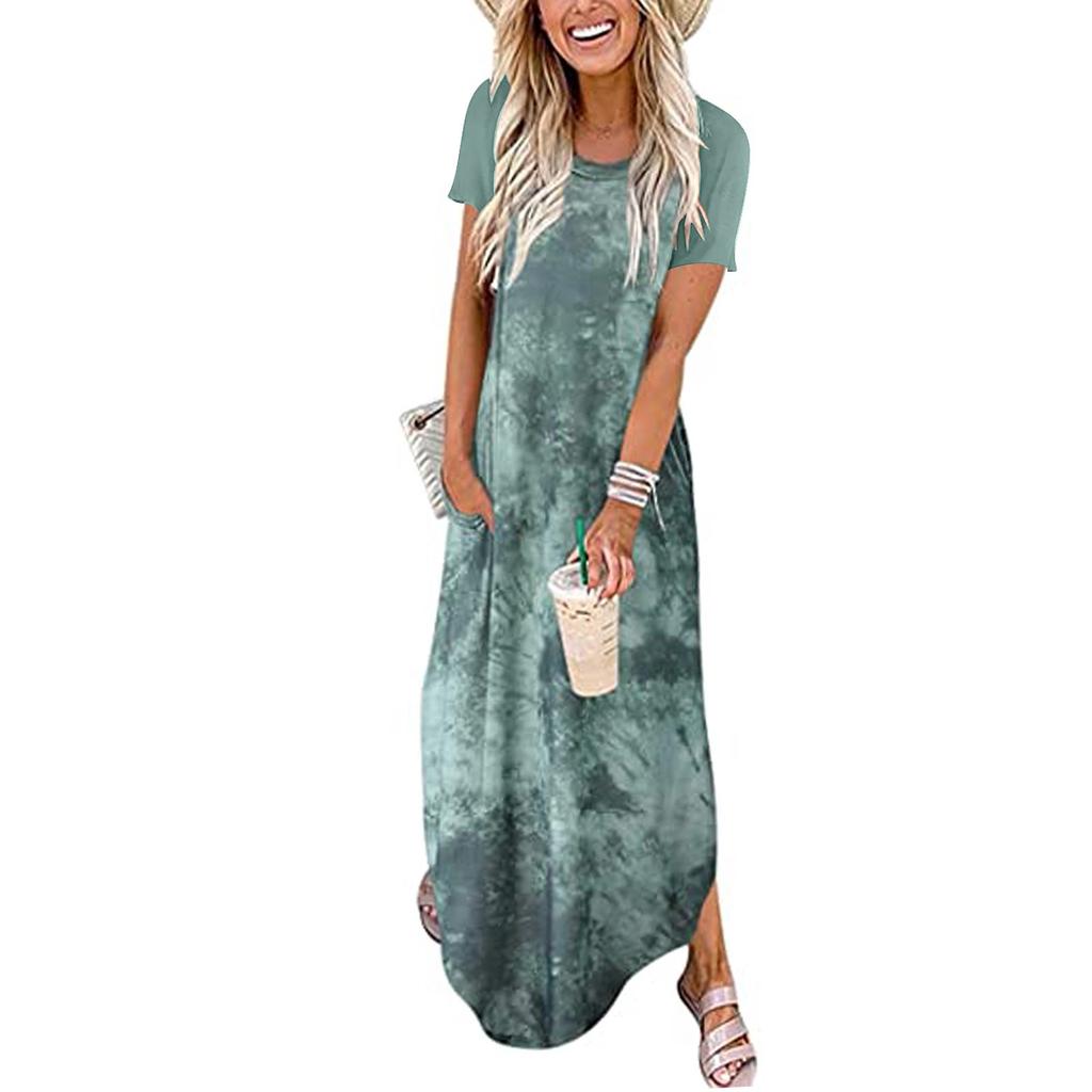 Women Casual Gradient Colours Pocket Long Dress Short Sleeves Split Maxi Dresses