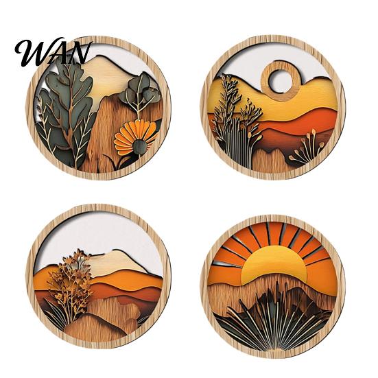 Boho Wall Art 4 Pcs Art, Bohemian Sunset Mountain Plant Decor, Wooden Exquisite Small Round Circle Hollow Out Farmhouse Hanging Ornament for Bedroom, B