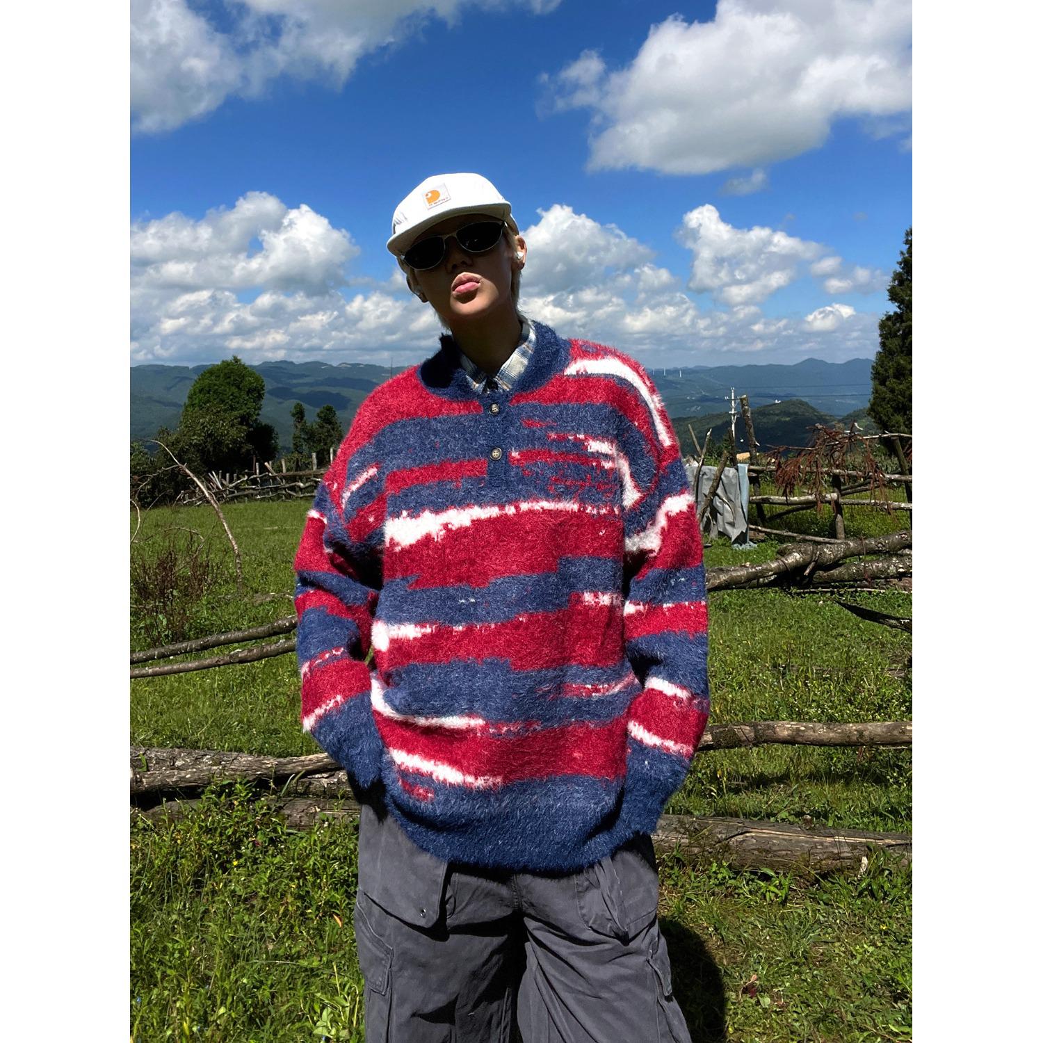 Women s Striped Faux Mink Fur Polo Collar Sweater - Loose Fit RedGray AutumnWinter American Style L красный 2670₽