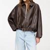Womens Vintage Faux Leather Bomber Jacket Loose Fit Long Sleeve Casual Outerwear Commute