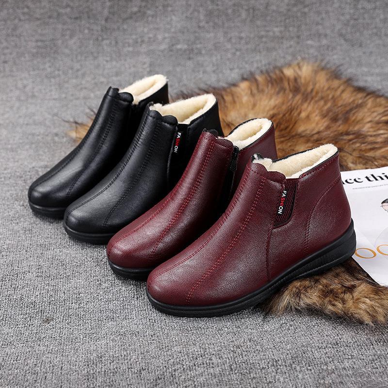 Soft Leather Women Shoe Winter Soft Soled Midd-leaged Elderly Ankle Boot Mom Cotton Plush Women Boot Leather Shoes