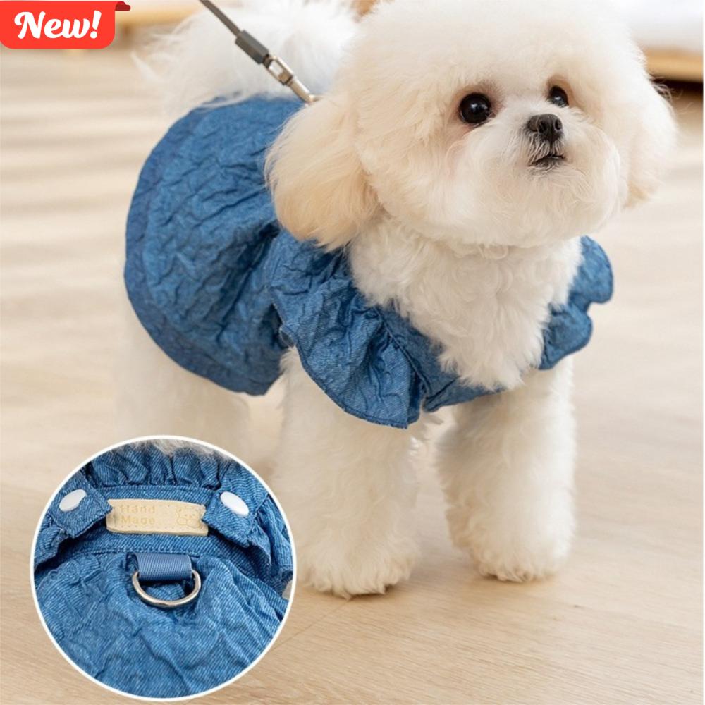 New Denim Dog Dresses Blue Color Flying Sleeves Puppy Girl Clothes with Leash Ring Cute Small Dog Apparel for Chihuahua