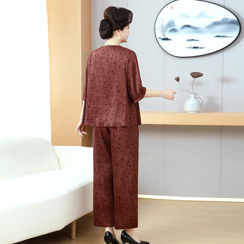 Übergröße Lässiges V-Ausschnitt Tunika-Top und Hosen Set für Mittelalte und Ältere Sommer Locker Zweiteilig