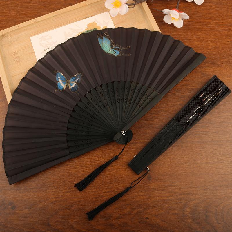 Chinese Style Bamboo Folding Fan Butterfly Pattern Hand Fan With Tassel For Wedding Dance Party Home Decor