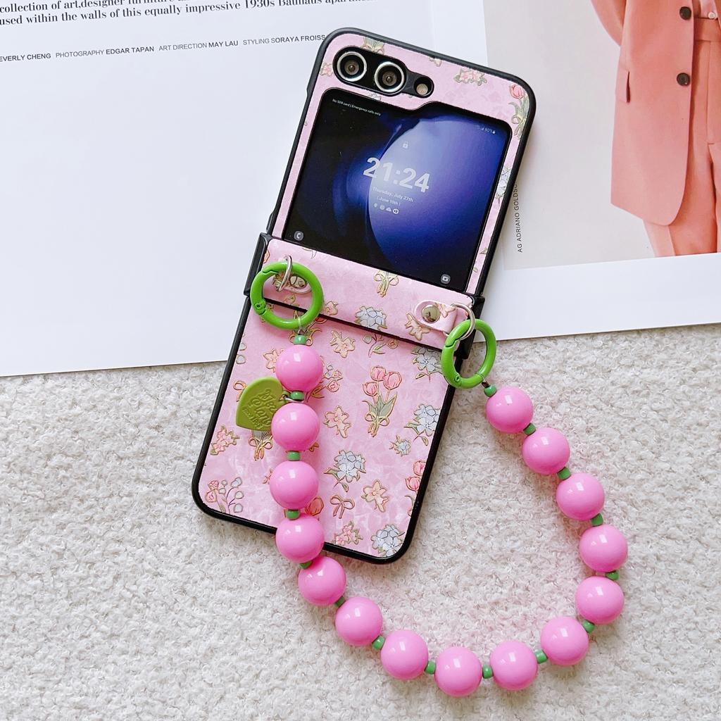 Bronzing Flower PU Leather Cover with Hinge Protection & Wrist Chain Strap Bracelet for Samsung Galaxy Z Flip 6 5 4 3 Phone Case