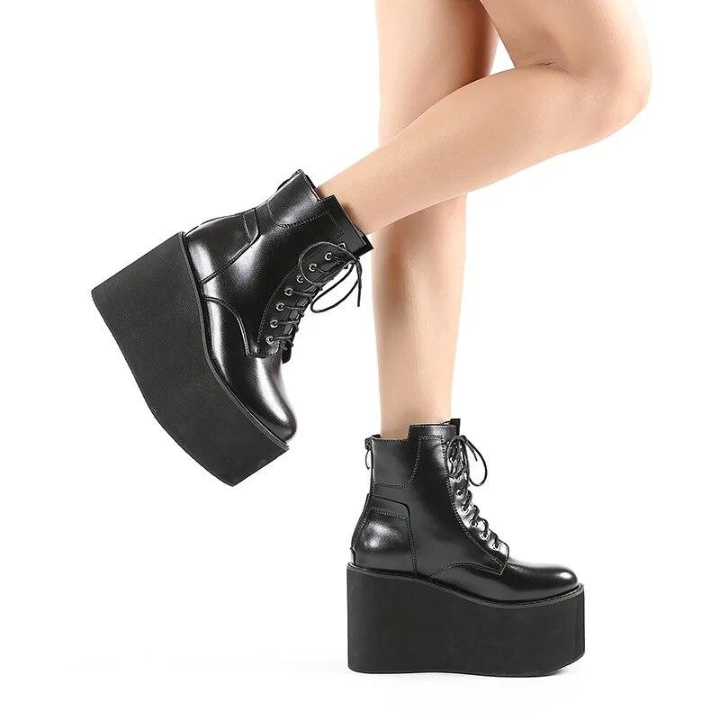 10.5cm Heels Thick Soled Thick Heels Waterproof Platform Side Zipper HIGH HEELS Front Lace Up Women's Boots Lhx