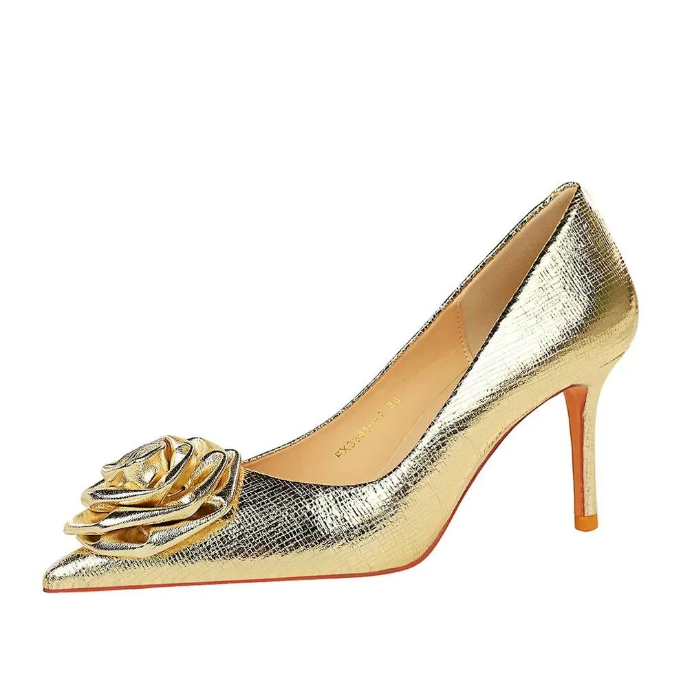 BIGTREE Heels Women Patent Leather Flowers Women Pumps Sexy Pointed Toe Thin Low Heels Wedding Elegant Party Shoes Zapatos Mujer