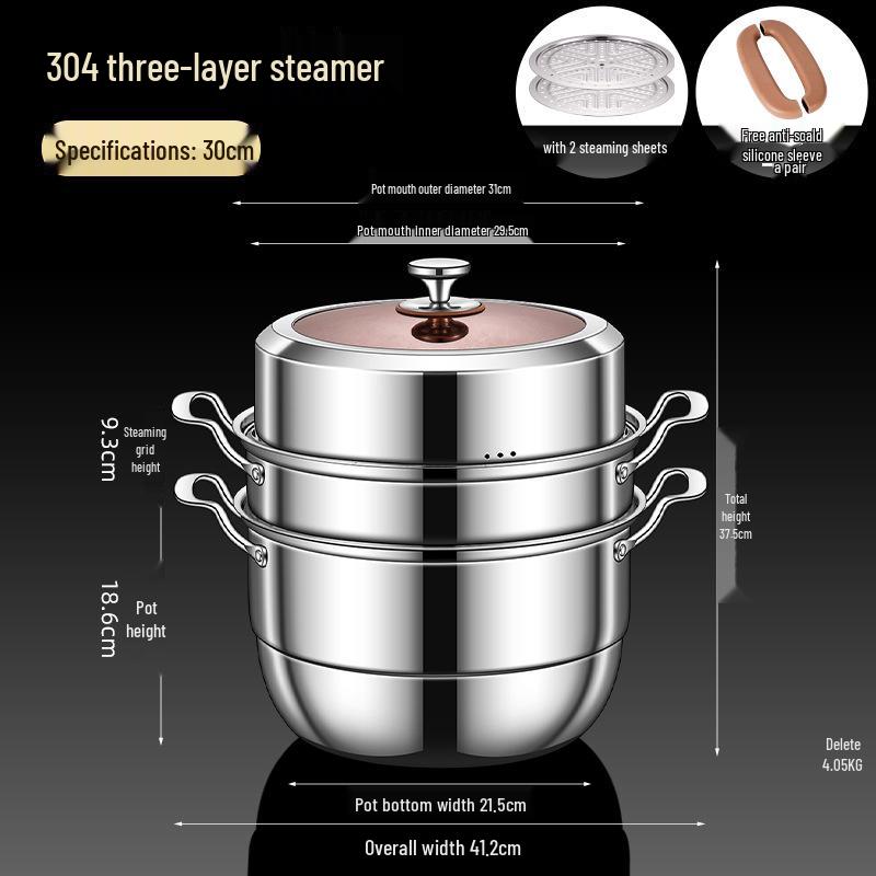 Three-Layer 304 Steel Steamer Pot with Large Capacity for Multi-Functional Cooking