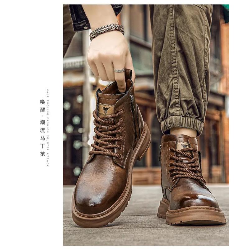 Botas de Cano Curto de Couro Estilo Britânico com Cadarço Botas Masculinas Botas Clássicas de Motociclista Sapatos Masculinos de Cano Alto