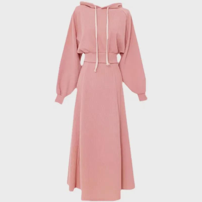 Stilvoller 2025 Damen-Pink-Rockanzug: Frühling/Herbst Winter Zweiteiliger gerippter Pullover & Halb langer Rock