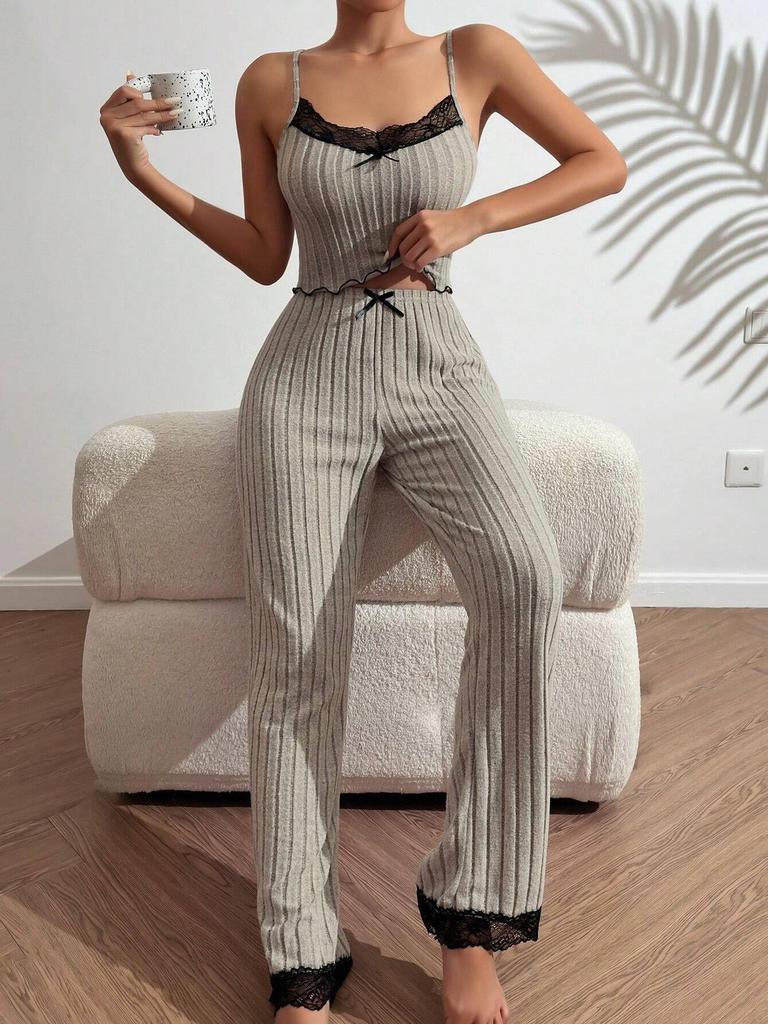 Cross-Border Hot-Selling Women's Rib Knit Heart Camisole Pajamas Set - Wearable Outdoors with Long Pants