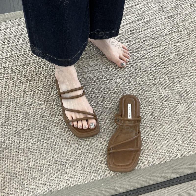 Comemore French Women Sandals Slippers Female Summer New Low Heeled Flip Flops Solid Casual Square Toe Beach Slippers
