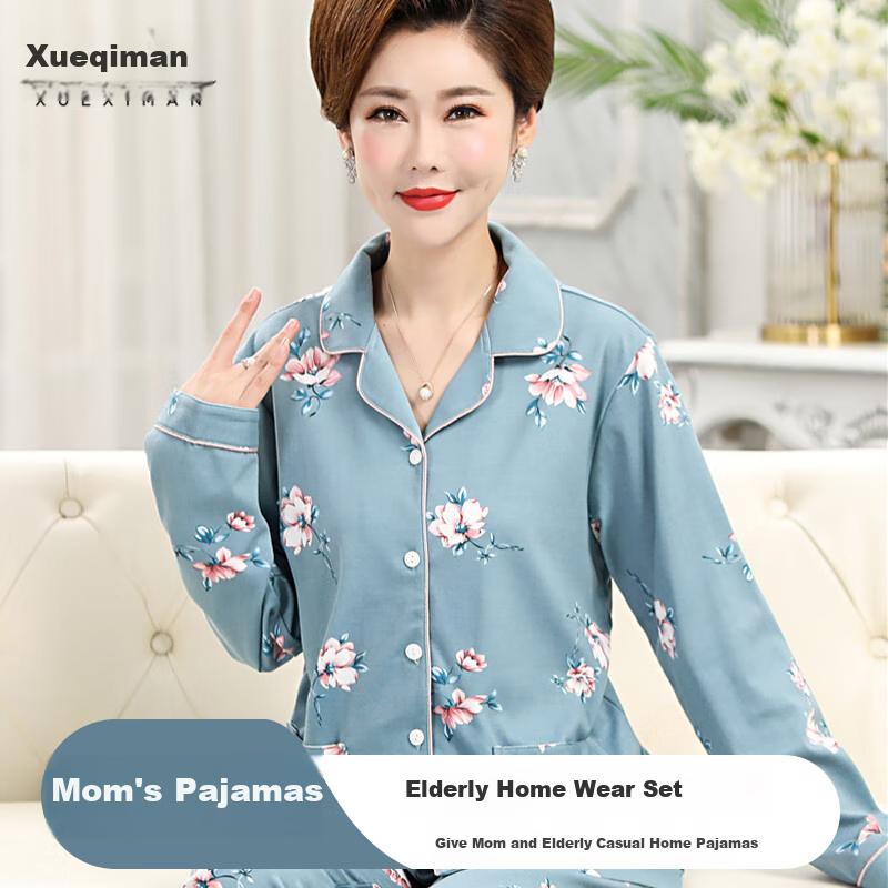XUEXIMAN Middle-Aged And Elderly Women's Pajamas, Spring And Summer Cotton Blue Printed Loose-Fitting Plus-Size Casual Elderly Home Wear Set
