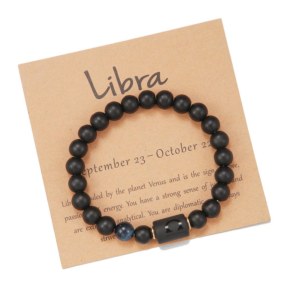 Black Matte Agate Beaded Bracelet with Zodiac Signs - Elastic Buddhist Couple Design