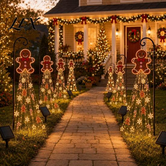 Festive Yard Stake Lights Gingerbread Solar Garden Light, Waterproof Outdoor Light with Warm Powered Snowman Alternatives Waterfall LED, Pathway Lamp