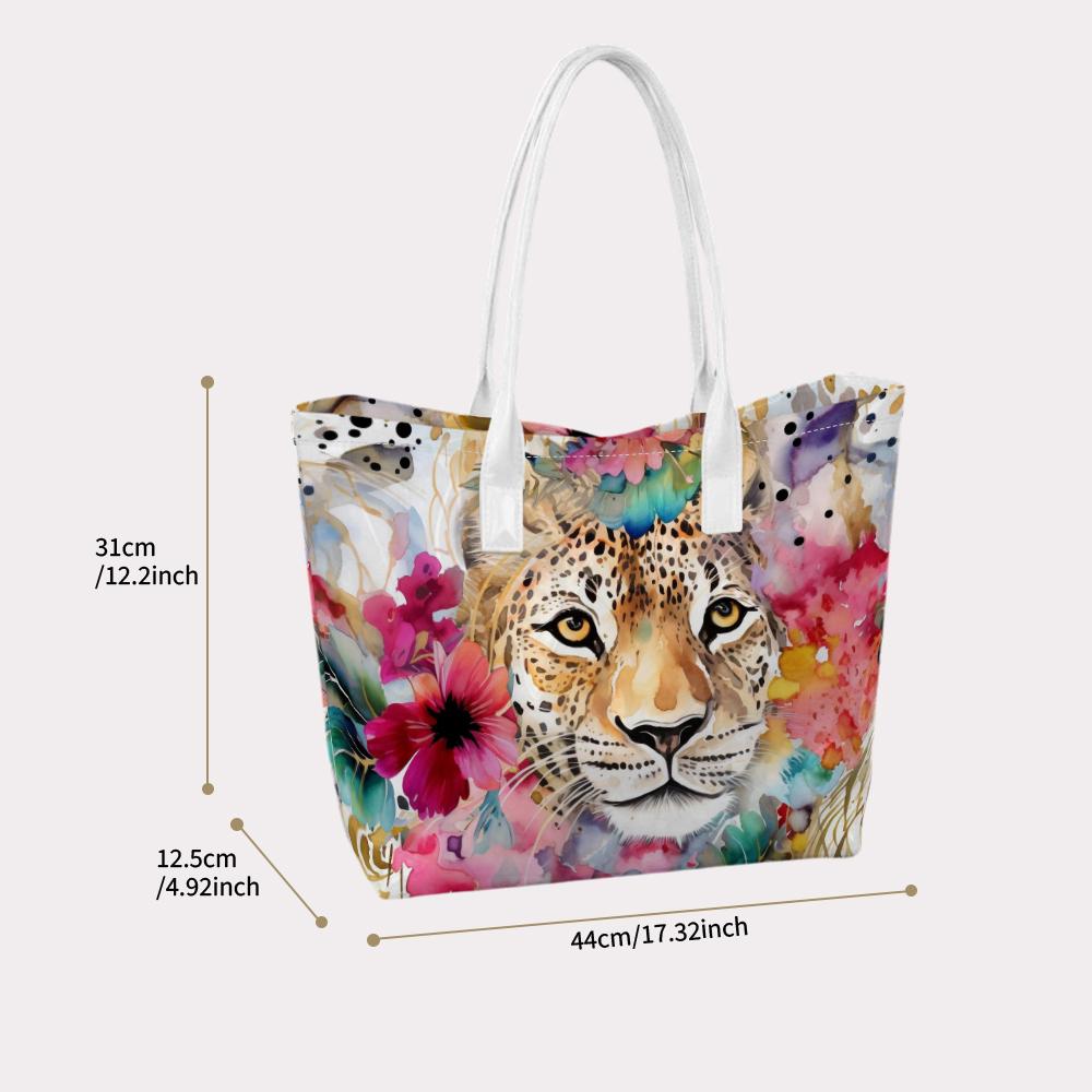 Watercolor Leopard Print Tote Bag Fashion Floral Casual Large Capacity Handbag for Daily Use