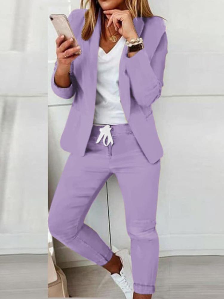 Women's Casual Khaki Suit Set Loose Fit Blazer and Pants with White V-Neck T-Shirt