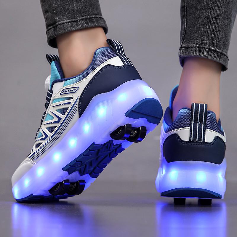 Four-wheel Running Shoes Detachable Flat Shoes Rechargeable USB Luminous Sports Light Shoes Girls Roller Skates Boys Shoes