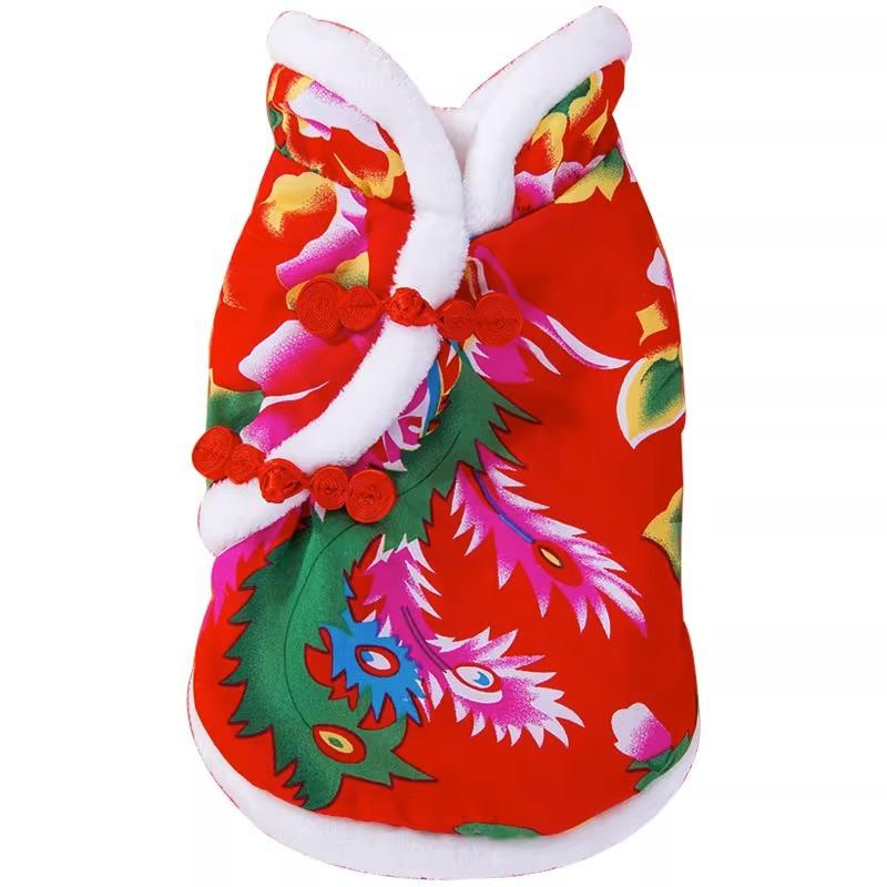 Autumn and Winter Ethnic Wind Northeast Big Flower Padded Jacket Dog Clothes Small and Medium Dog Teddy Chinese New Year Festive Pet Clothes
