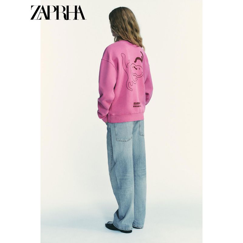 Zaprha 2025 Autumn New Rib Trim Smiley Wash Effect round Neck Long sleeve Hoodie 6050020