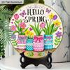 2D Flat Aluminum Hello Spring Door Sign for Front Door, Round Hanging Plaque with Mason Jar & Tulip Flower Design, Rustic Farmhouse Porch Wall Decor