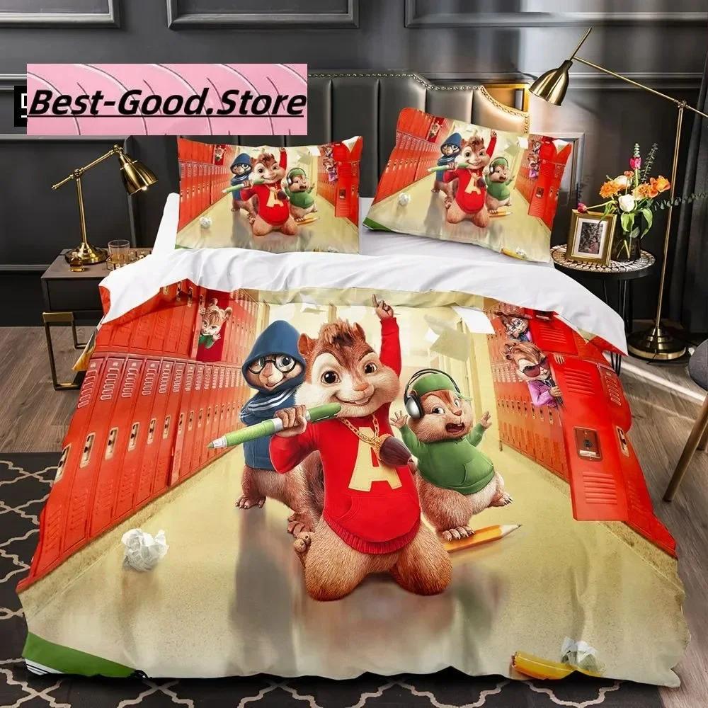 3D Kreslený C-Chipmunk A-Alvin Ložní Sada Tištěná Ložní Sada s Povlakem na Polštář Přikrývka na Postel Jednolůžko Dvoulůžko Queen Super King Size